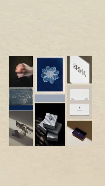 Blue and neutral design moodboard on cream paper